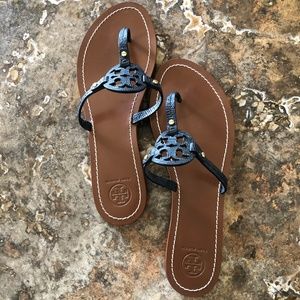 Tory Burch Black  "Mini Miller" Leather Thong Sandal